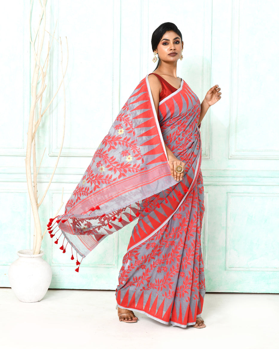Piyari Fashion Women's Gray Red Cotton Silk Jamdani Saree | Grocsy