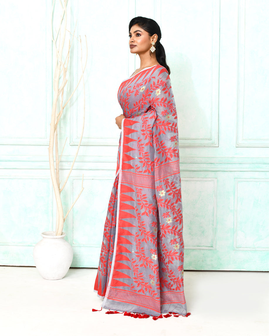 Piyari Fashion Women's Gray Red Cotton Silk Jamdani Saree | Grocsy