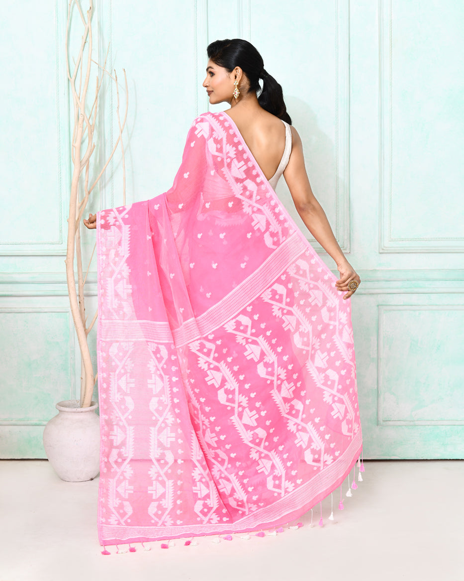 Piyari Fashion Women's Pink Cotton Silk Jamdani Saree | Grocsy