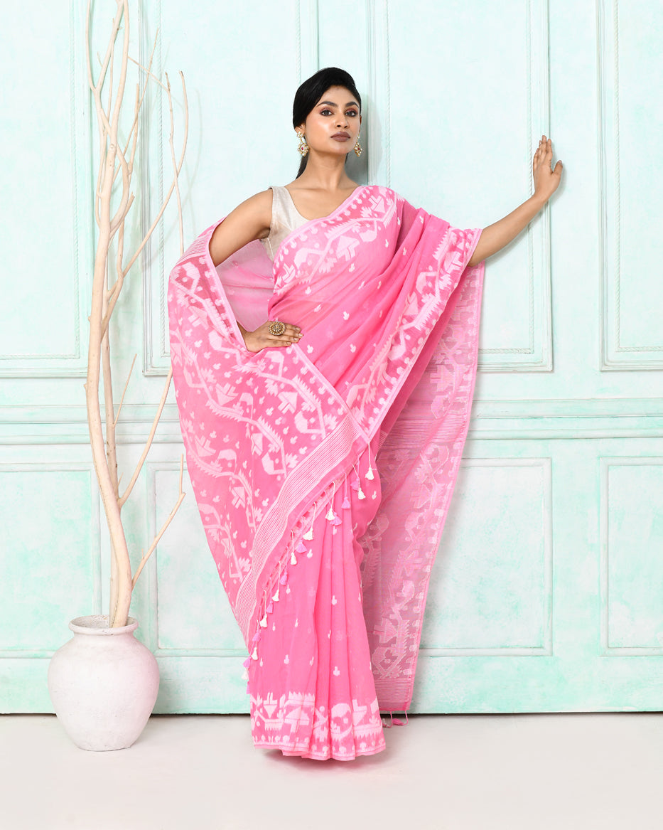 Piyari Fashion Women's Pink Cotton Silk Jamdani Saree | Grocsy