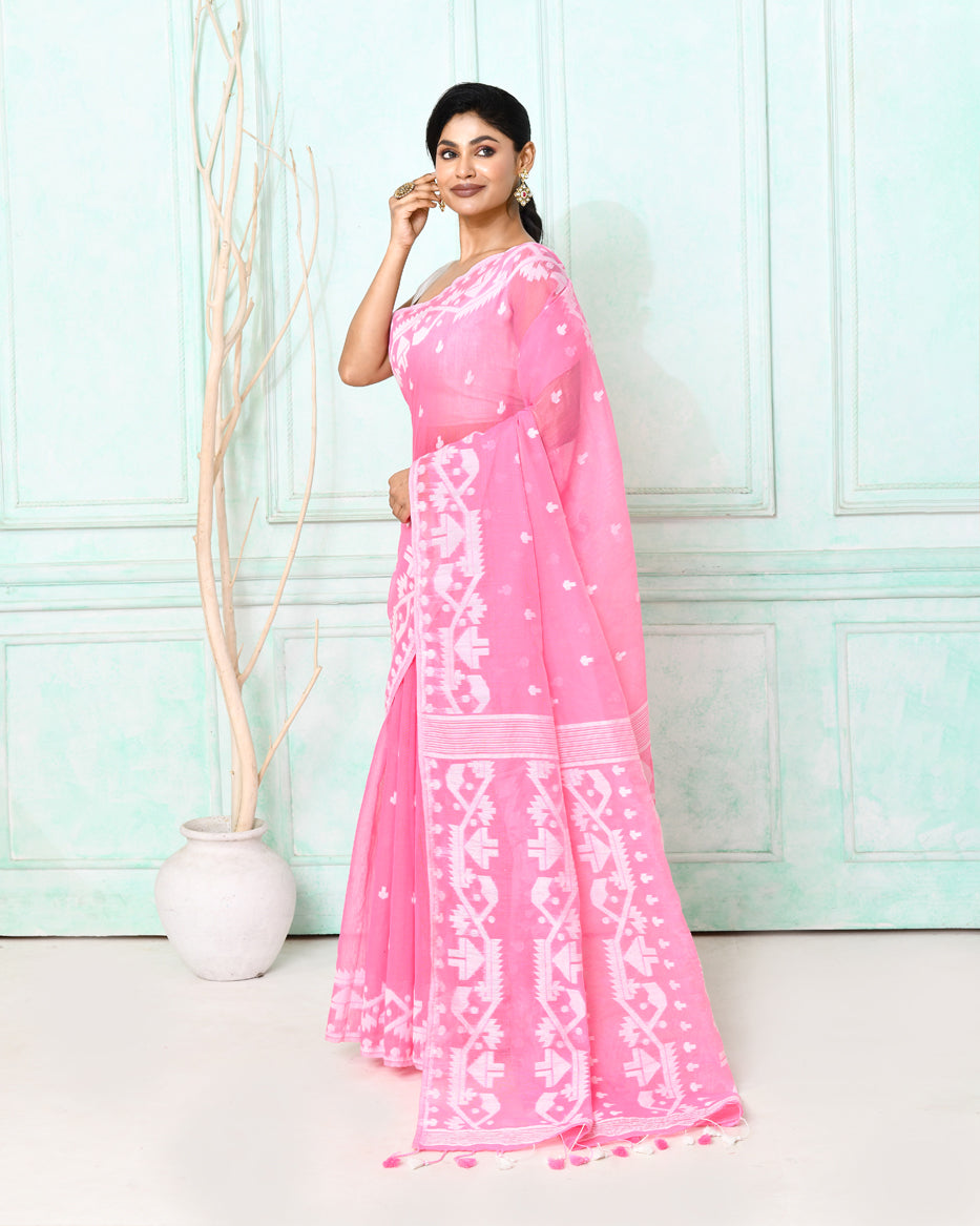 Piyari Fashion Women's Pink Cotton Silk Jamdani Saree | Grocsy