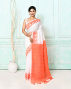 Piyari Fashion Women's White Orange Cotton Silk Jamdani Saree | Grocsy