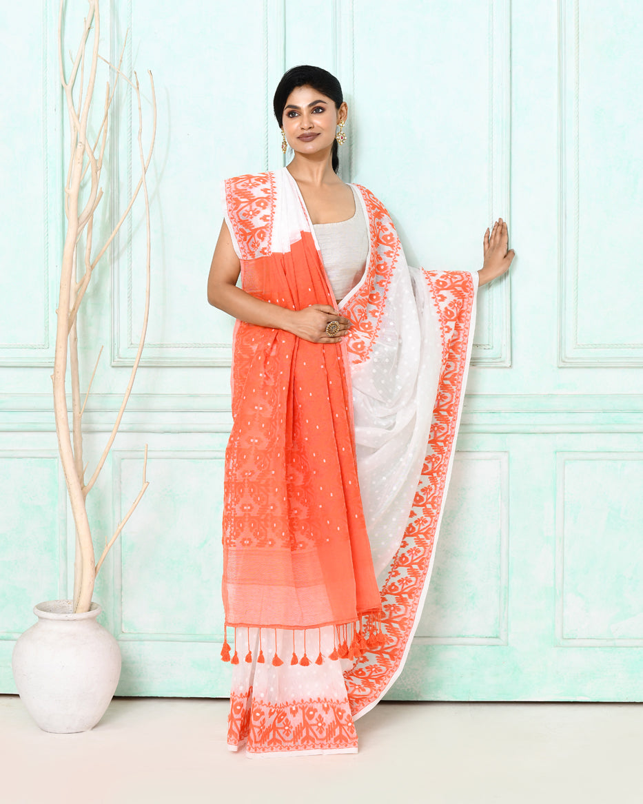 Piyari Fashion Women's White Orange Cotton Silk Jamdani Saree | Grocsy