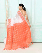 Piyari Fashion Women's White Orange Cotton Silk Jamdani Saree | Grocsy