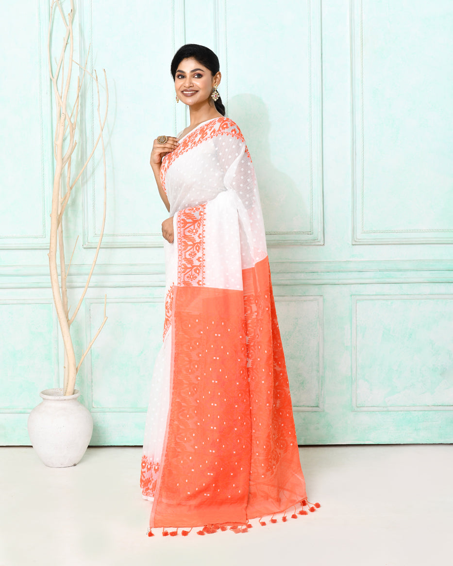 Piyari Fashion Women's White Orange Cotton Silk Jamdani Saree | Grocsy