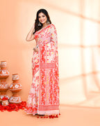 Piyari Fashion Women's Off White Red Cotton Silk Jamdani Saree | Grocsy