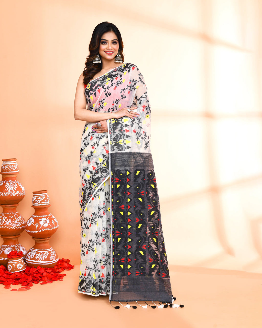 Piyari Fashion Women's Off White Black Cotton Silk Jamdani Saree | Grocsy