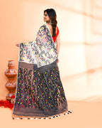 Piyari Fashion Women's Off White Black Cotton Silk Jamdani Saree | Grocsy