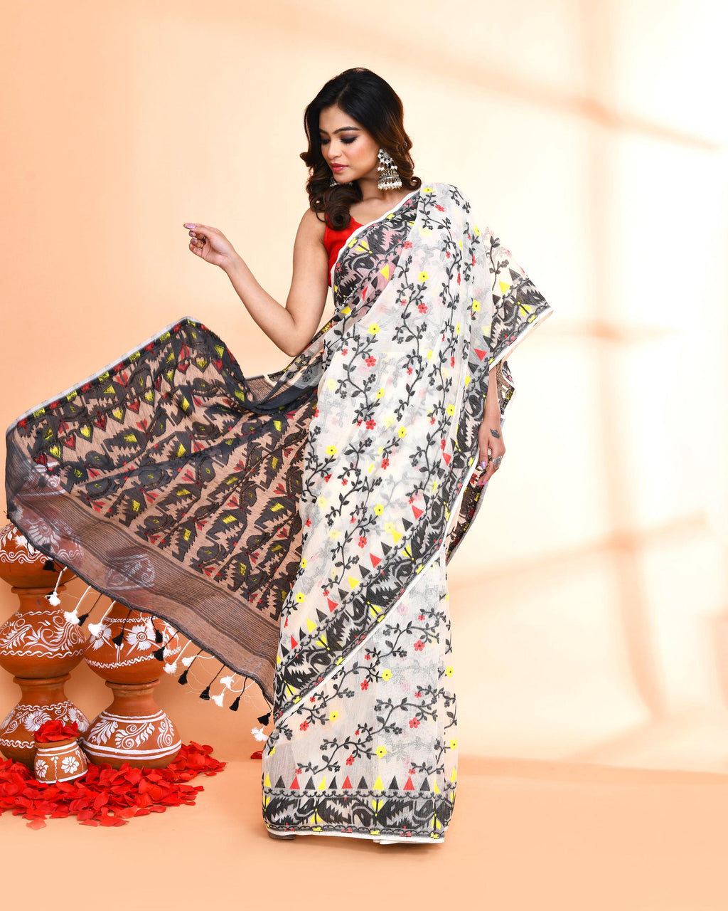 Piyari Fashion Women's Off White Black Cotton Silk Jamdani Saree | Grocsy