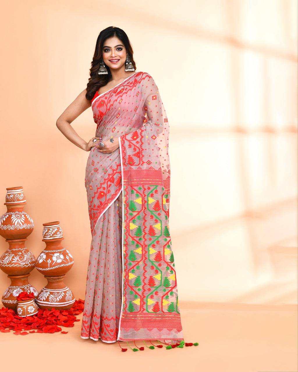 Piyari Fashion Women's Cane Beige Cotton Silk Jamdani Saree | Grocsy