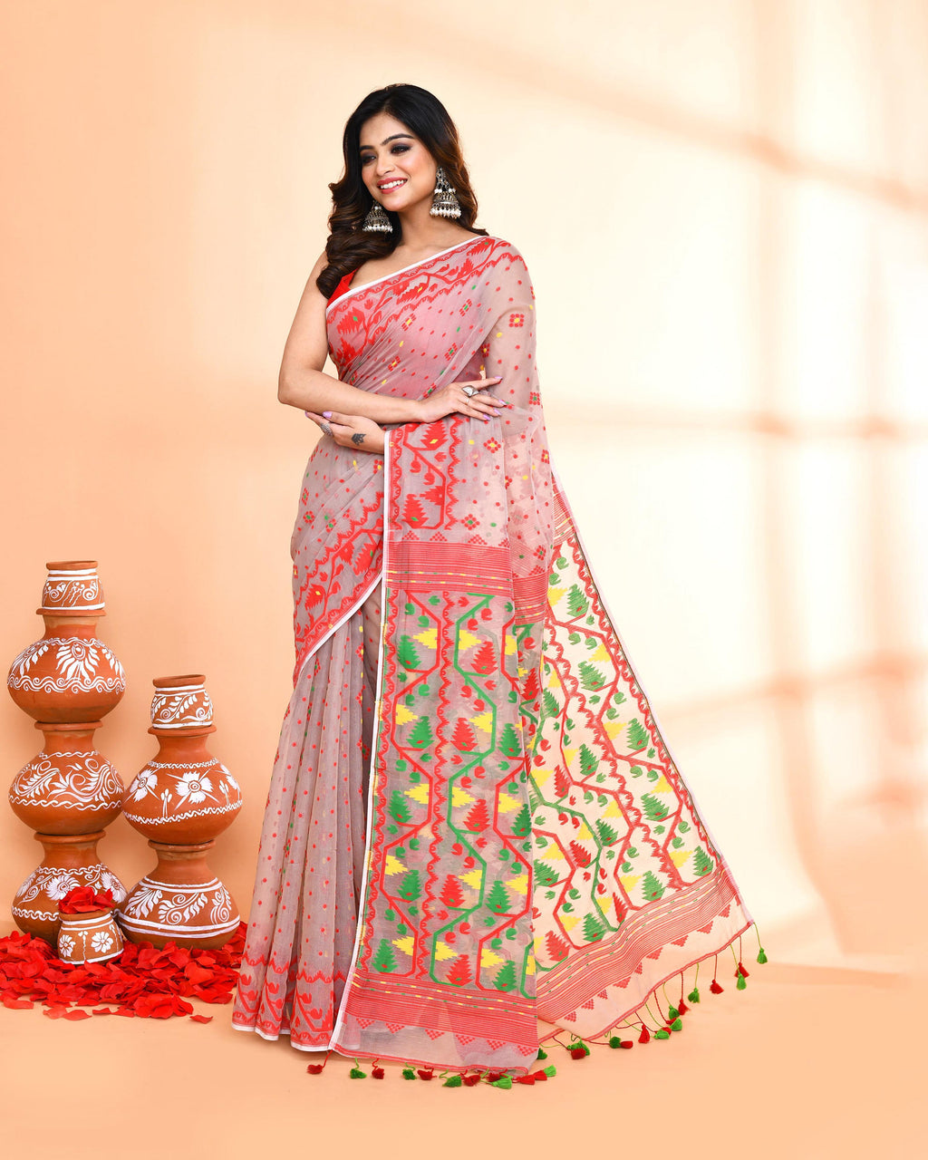 Piyari Fashion Women's Cane Beige Cotton Silk Jamdani Saree | Grocsy
