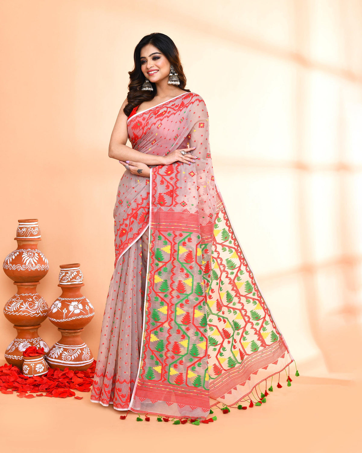 Piyari Fashion Women's Cane Beige Cotton Silk Jamdani Saree | Grocsy