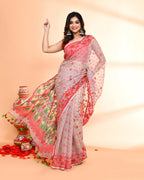 Piyari Fashion Women's Cane Beige Cotton Silk Jamdani Saree | Grocsy
