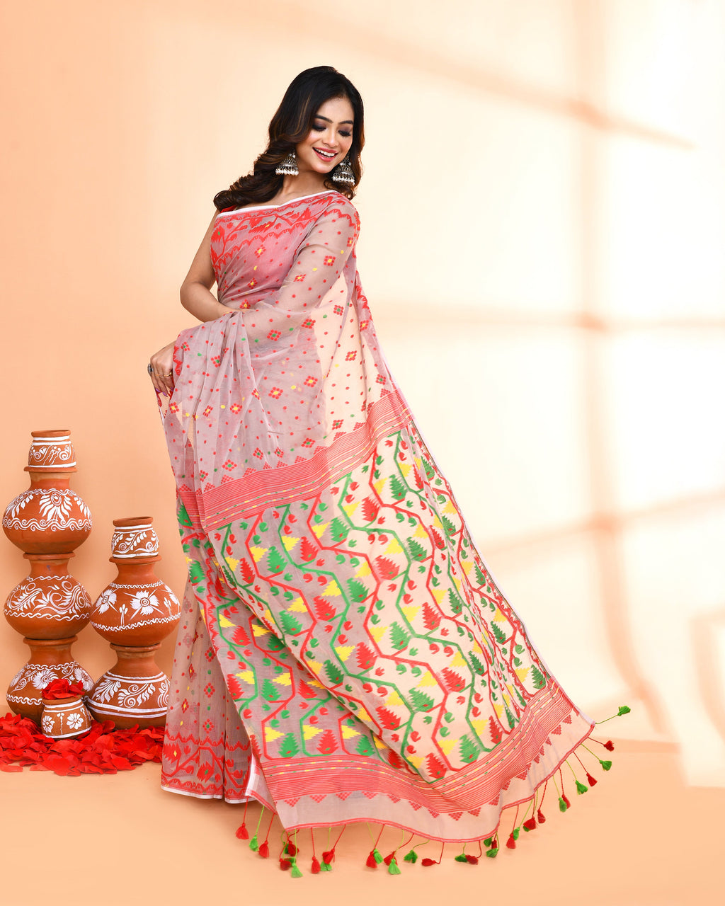 Piyari Fashion Women's Cane Beige Cotton Silk Jamdani Saree | Grocsy
