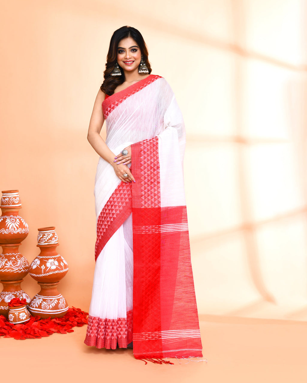 Piyari Fashion Women`s Cotton Silk White Handloom Saree With Blouse | Grocsy