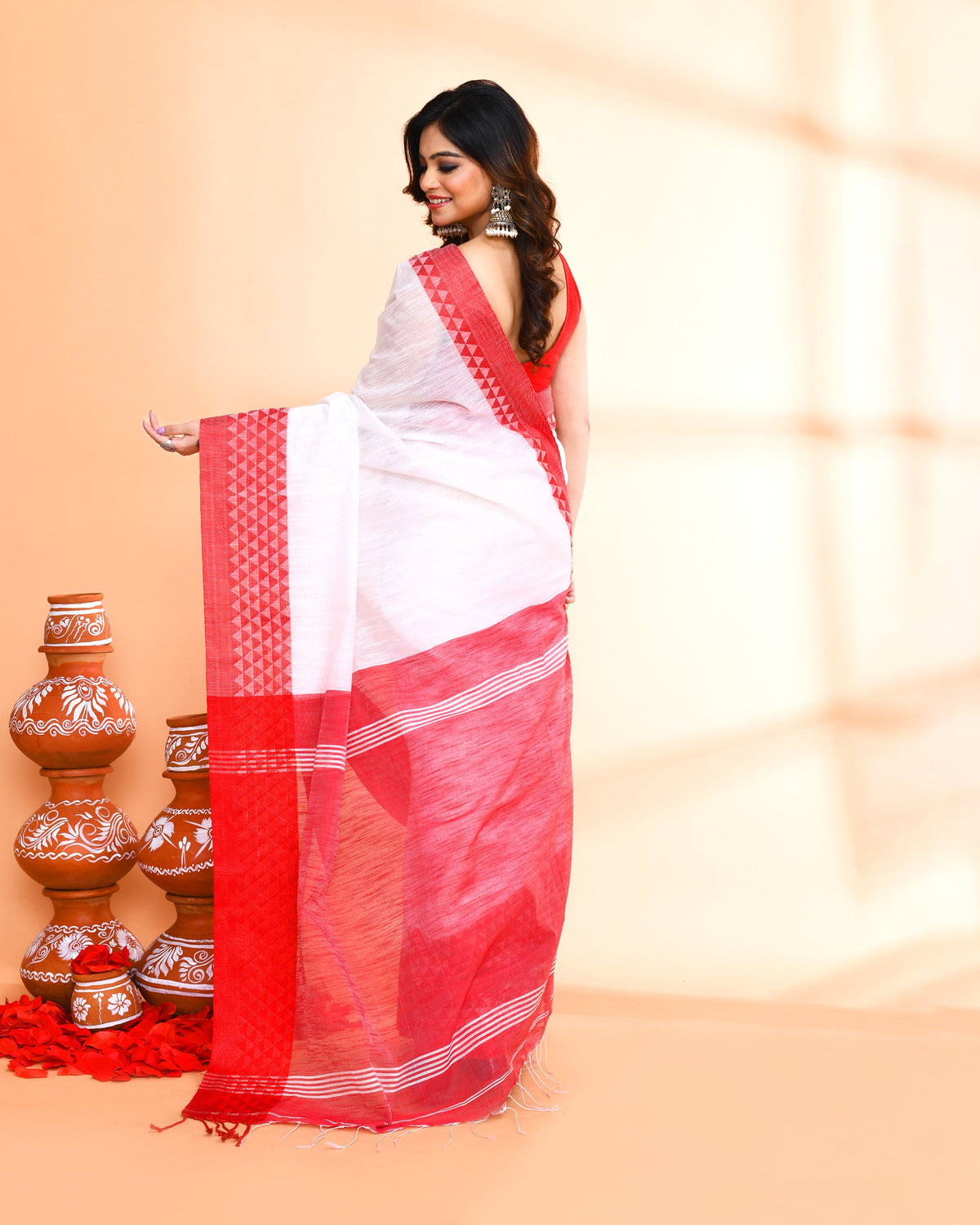 Piyari Fashion Women`s Cotton Silk White Handloom Saree With Blouse | Grocsy