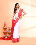 Piyari Fashion Women`s Cotton Silk White Handloom Saree With Blouse | Grocsy