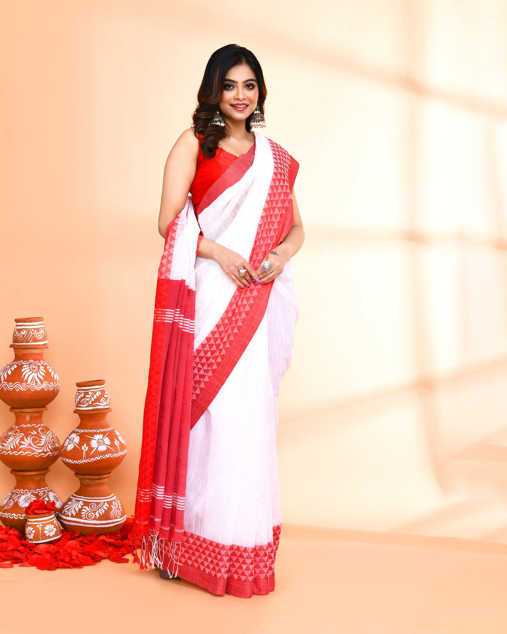 Piyari Fashion Women`s Cotton Silk White Handloom Saree With Blouse | Grocsy