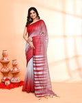 Piyari Fashion Women`s Cotton Silk Silver Handloom Saree With Blouse | Grocsy