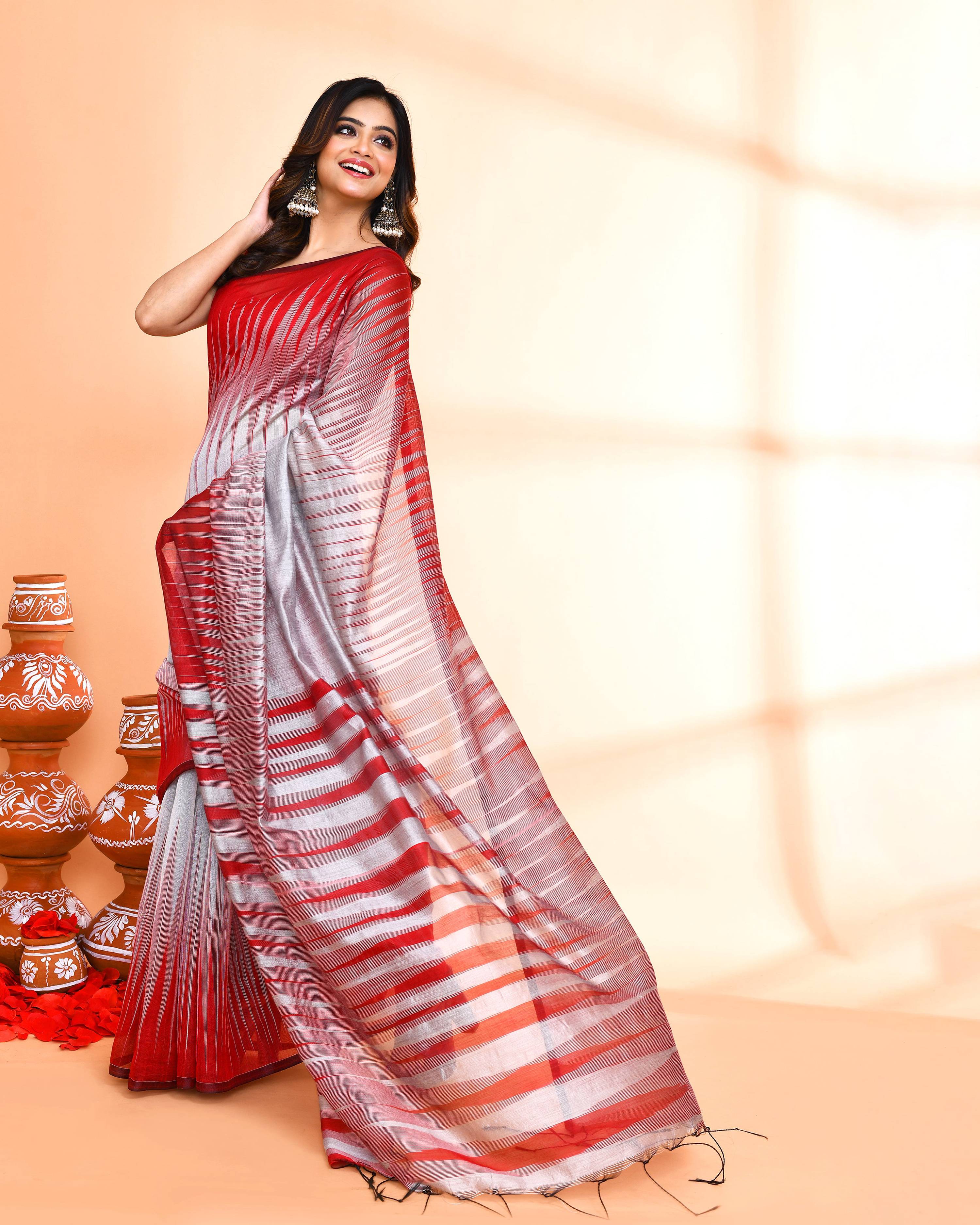 Piyari Fashion Women`s Cotton Silk Silver Handloom Saree With Blouse | Grocsy