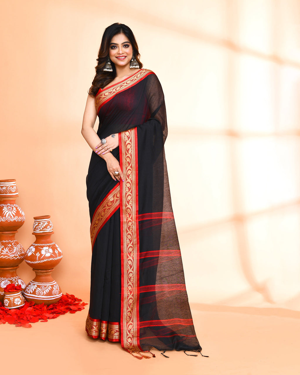 Piyari Fashion Women`s Cotton Silk Black Handloom Saree With Blouse | Grocsy