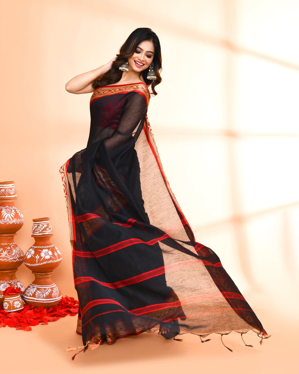 Piyari Fashion Women`s Cotton Silk Black Handloom Saree With Blouse | Grocsy
