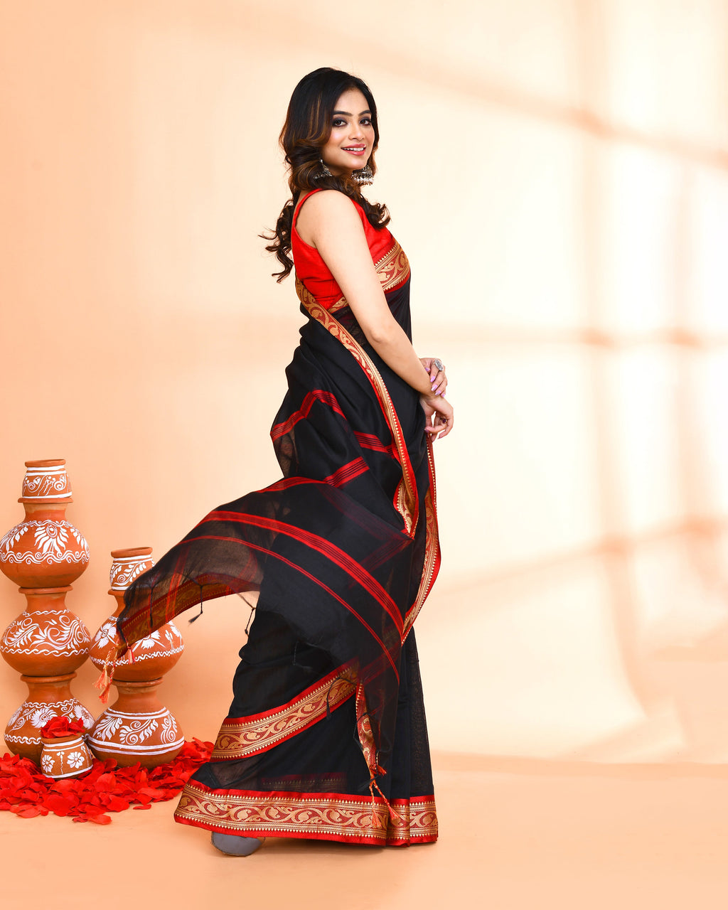 Piyari Fashion Women`s Cotton Silk Black Handloom Saree With Blouse | Grocsy