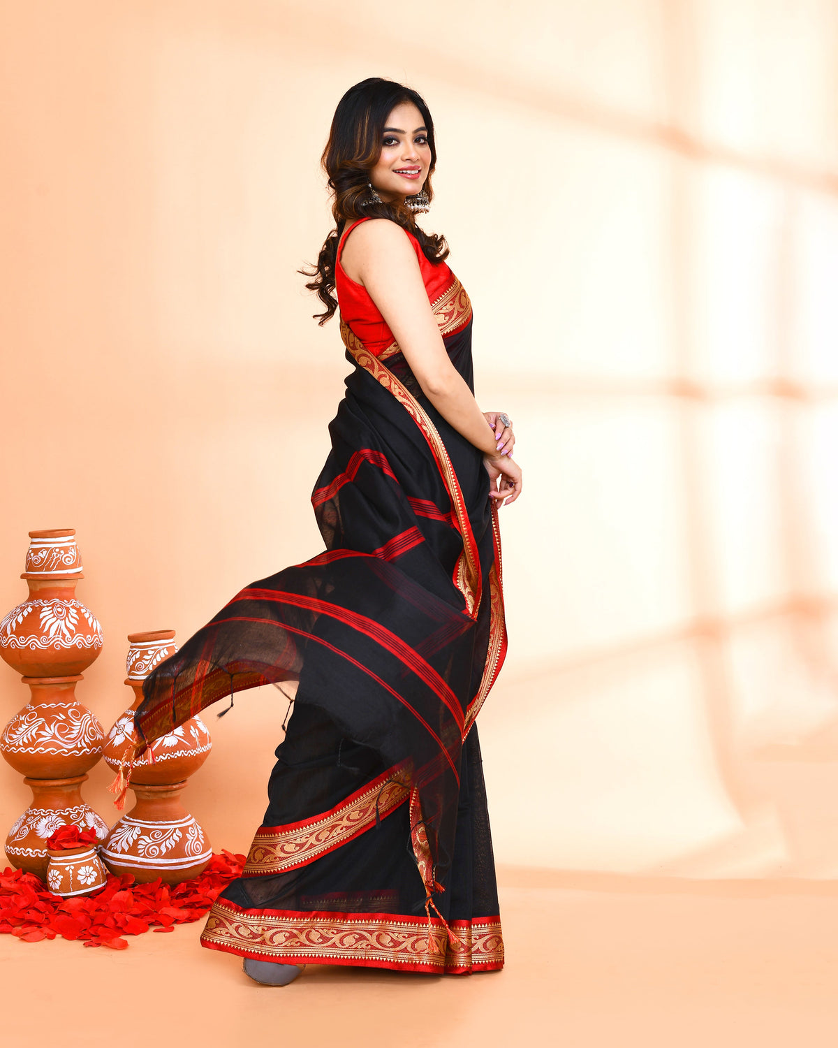 Piyari Fashion Women`s Cotton Silk Black Handloom Saree With Blouse | Grocsy