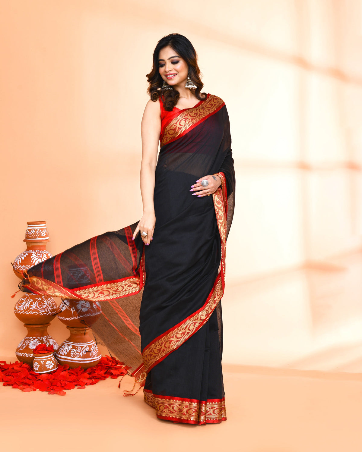 Piyari Fashion Women`s Cotton Silk Black Handloom Saree With Blouse | Grocsy