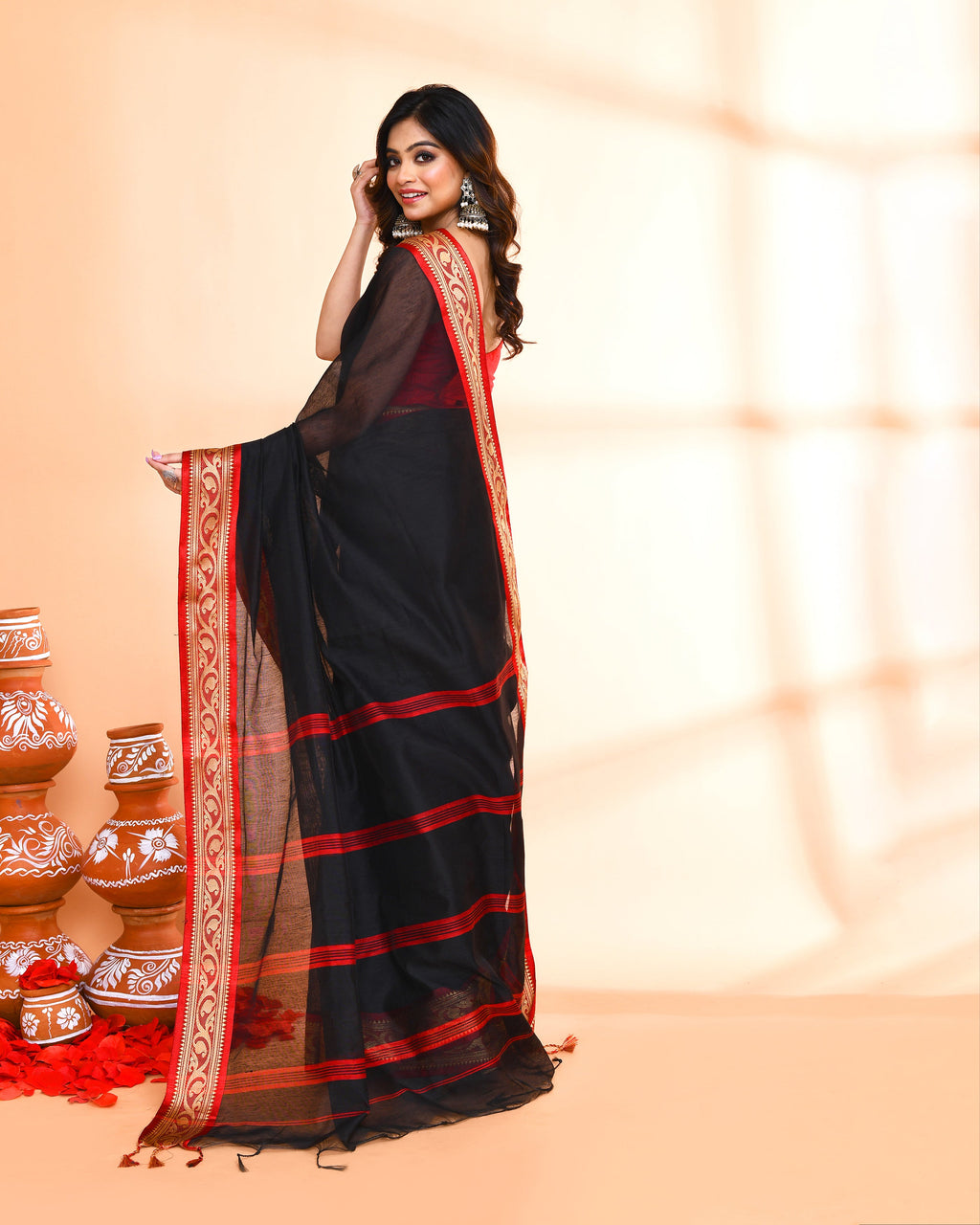Piyari Fashion Women`s Cotton Silk Black Handloom Saree With Blouse | Grocsy