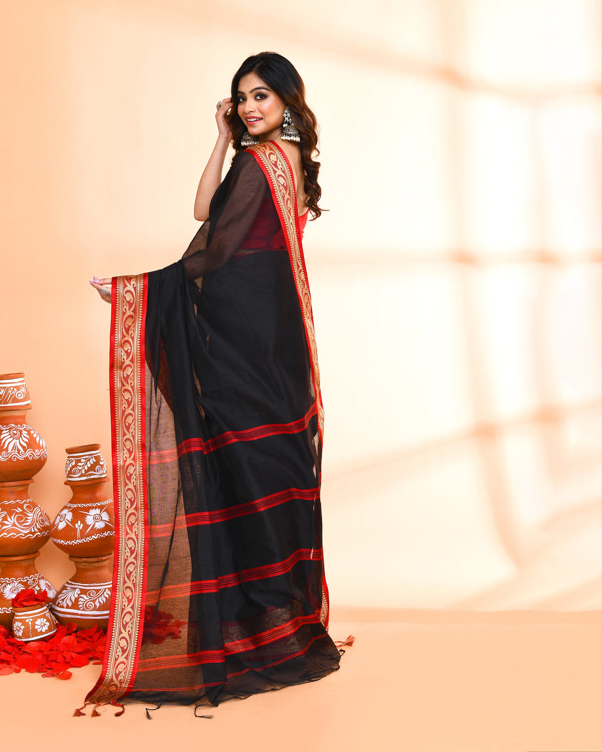 Piyari Fashion Women`s Cotton Silk Black Handloom Saree With Blouse | Grocsy