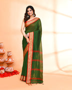 Piyari Fashion Women`s Cotton Silk Moss Green Handloom Saree With Blouse | Grocsy