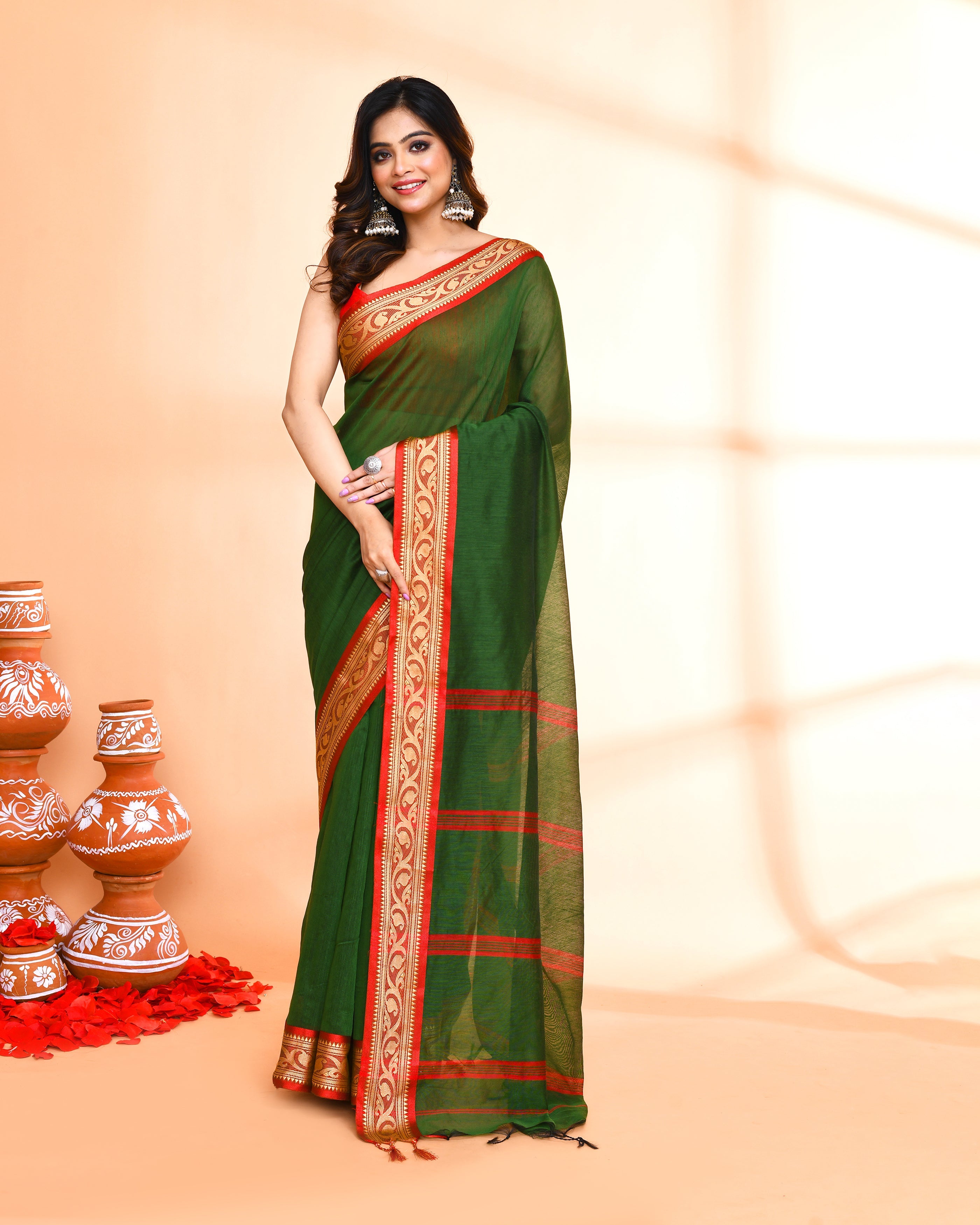 Piyari Fashion Women`s Cotton Silk Moss Green Handloom Saree With Blouse | Grocsy
