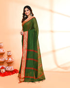 Piyari Fashion Women`s Cotton Silk Moss Green Handloom Saree With Blouse | Grocsy