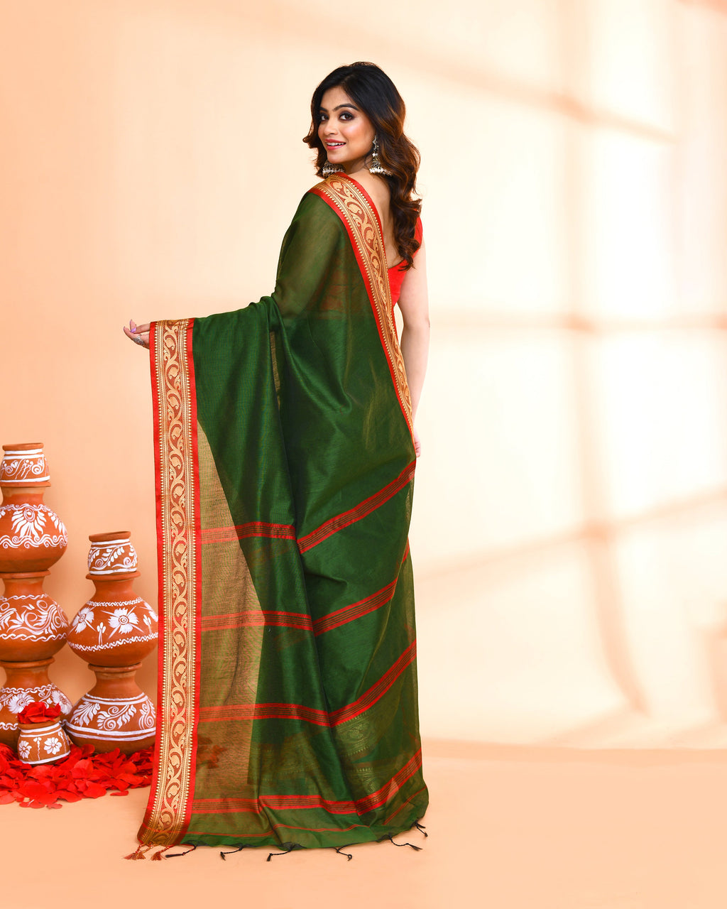 Piyari Fashion Women`s Cotton Silk Moss Green Handloom Saree With Blouse | Grocsy