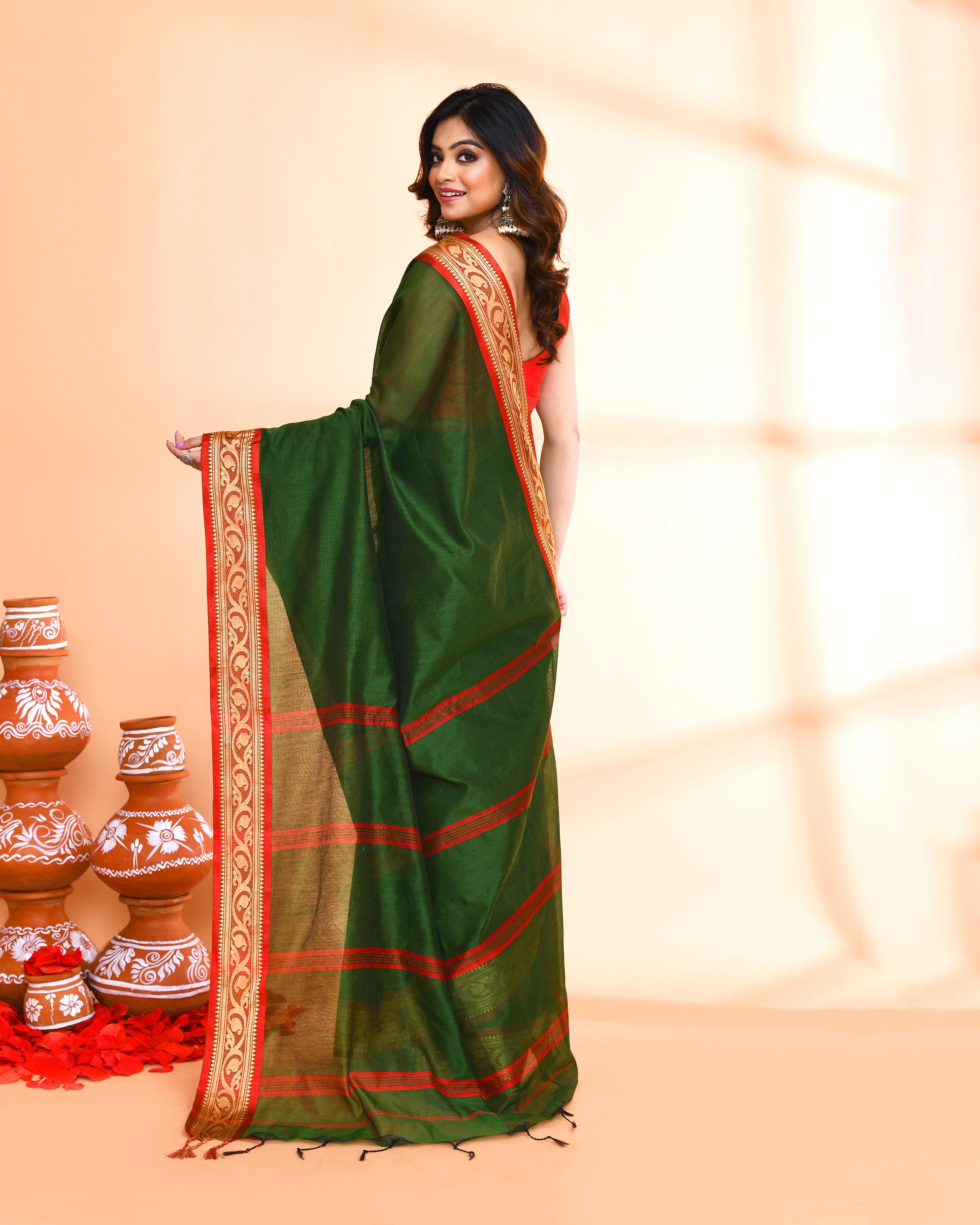 Piyari Fashion Women`s Cotton Silk Moss Green Handloom Saree With Blouse | Grocsy