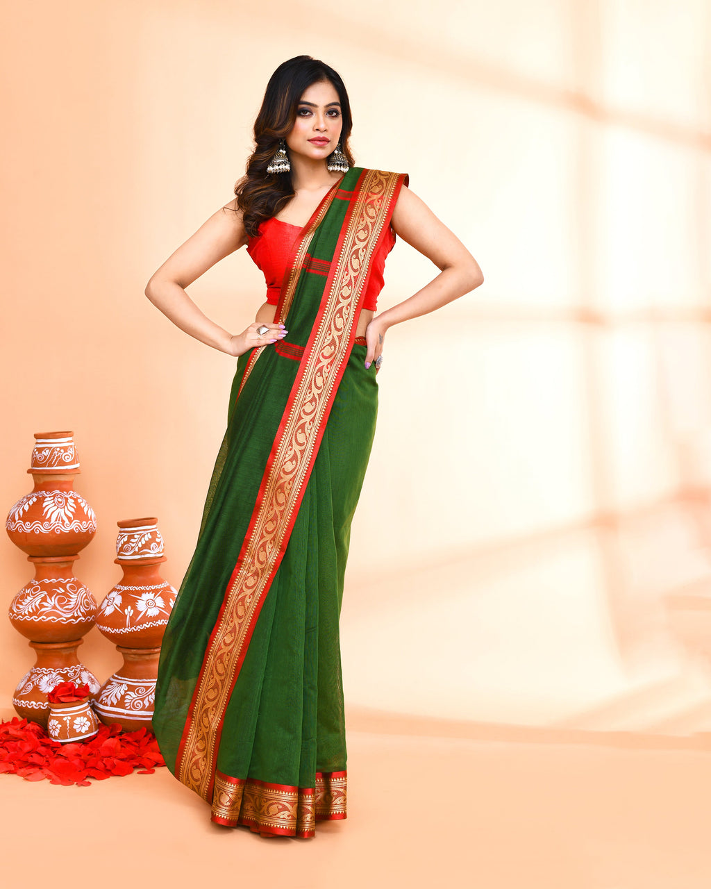 Piyari Fashion Women`s Cotton Silk Moss Green Handloom Saree With Blouse | Grocsy