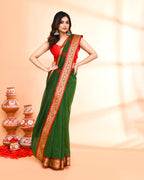 Piyari Fashion Women`s Cotton Silk Moss Green Handloom Saree With Blouse | Grocsy