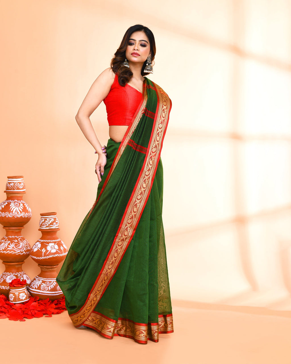 Piyari Fashion Women`s Cotton Silk Moss Green Handloom Saree With Blouse | Grocsy