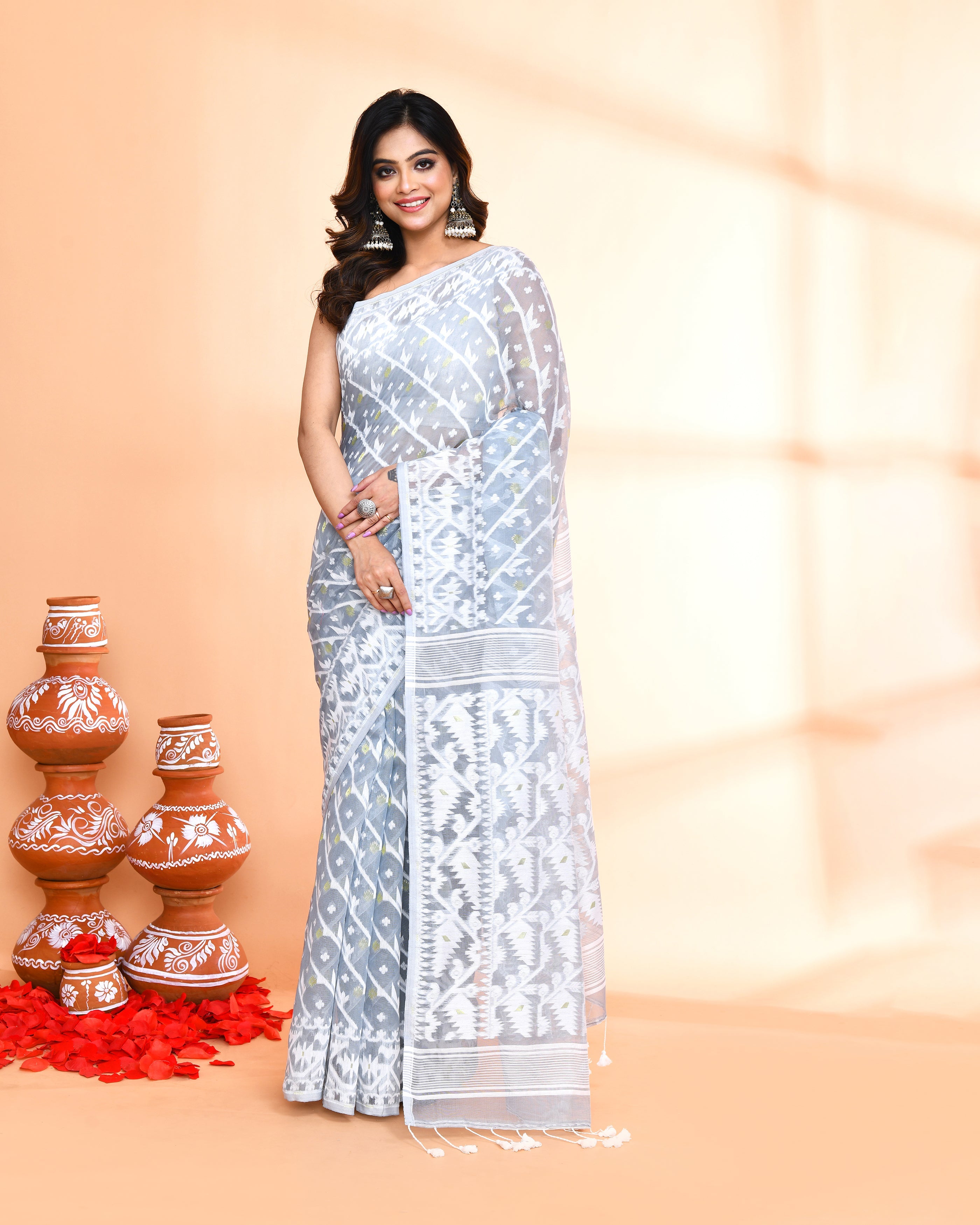 Piyari Fashion Women's Pebble Grey Cotton Silk Jamdani Saree | Grocsy