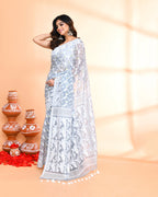 Piyari Fashion Women's Pebble Grey Cotton Silk Jamdani Saree | Grocsy