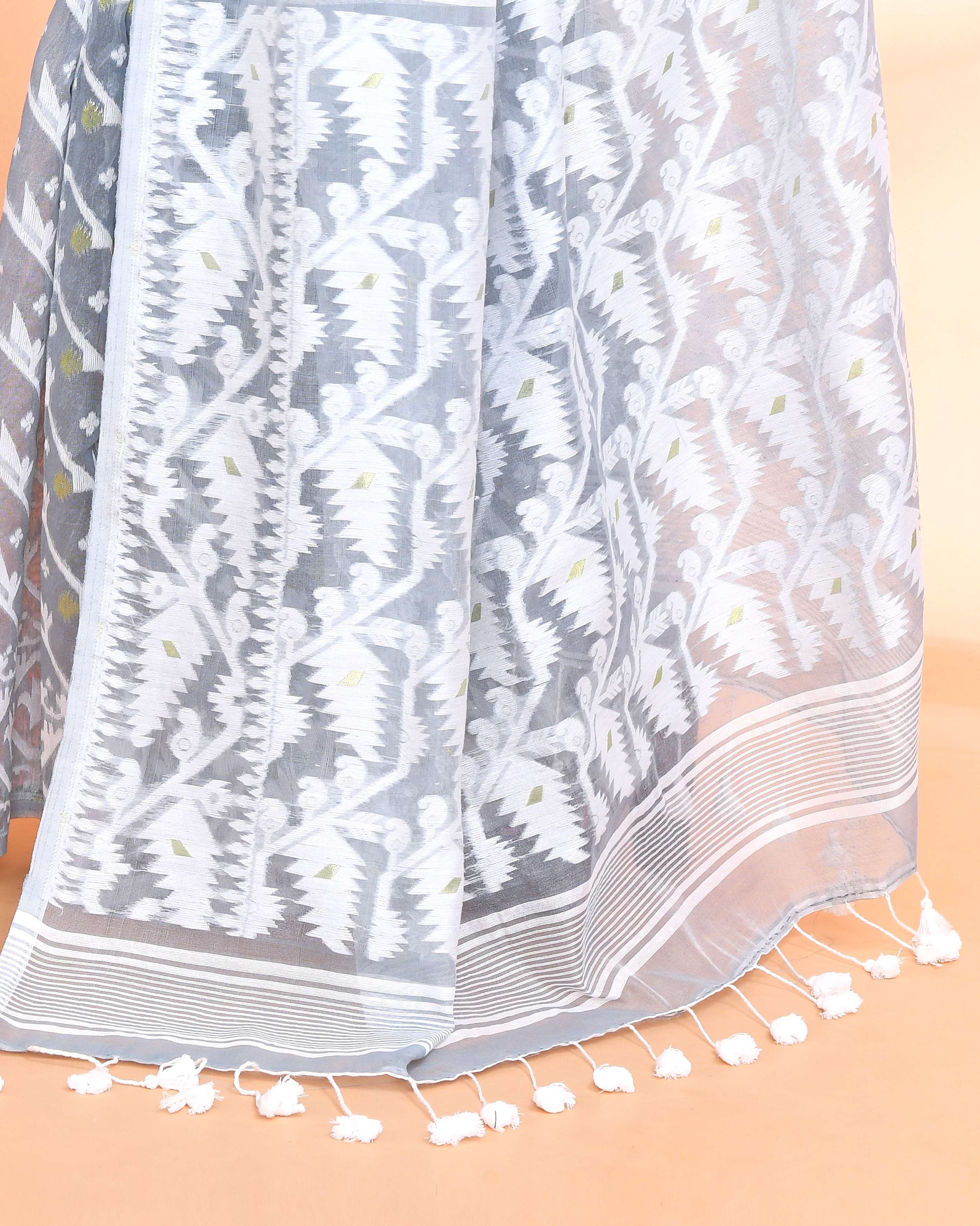 Piyari Fashion Women's Pebble Grey Cotton Silk Jamdani Saree | Grocsy