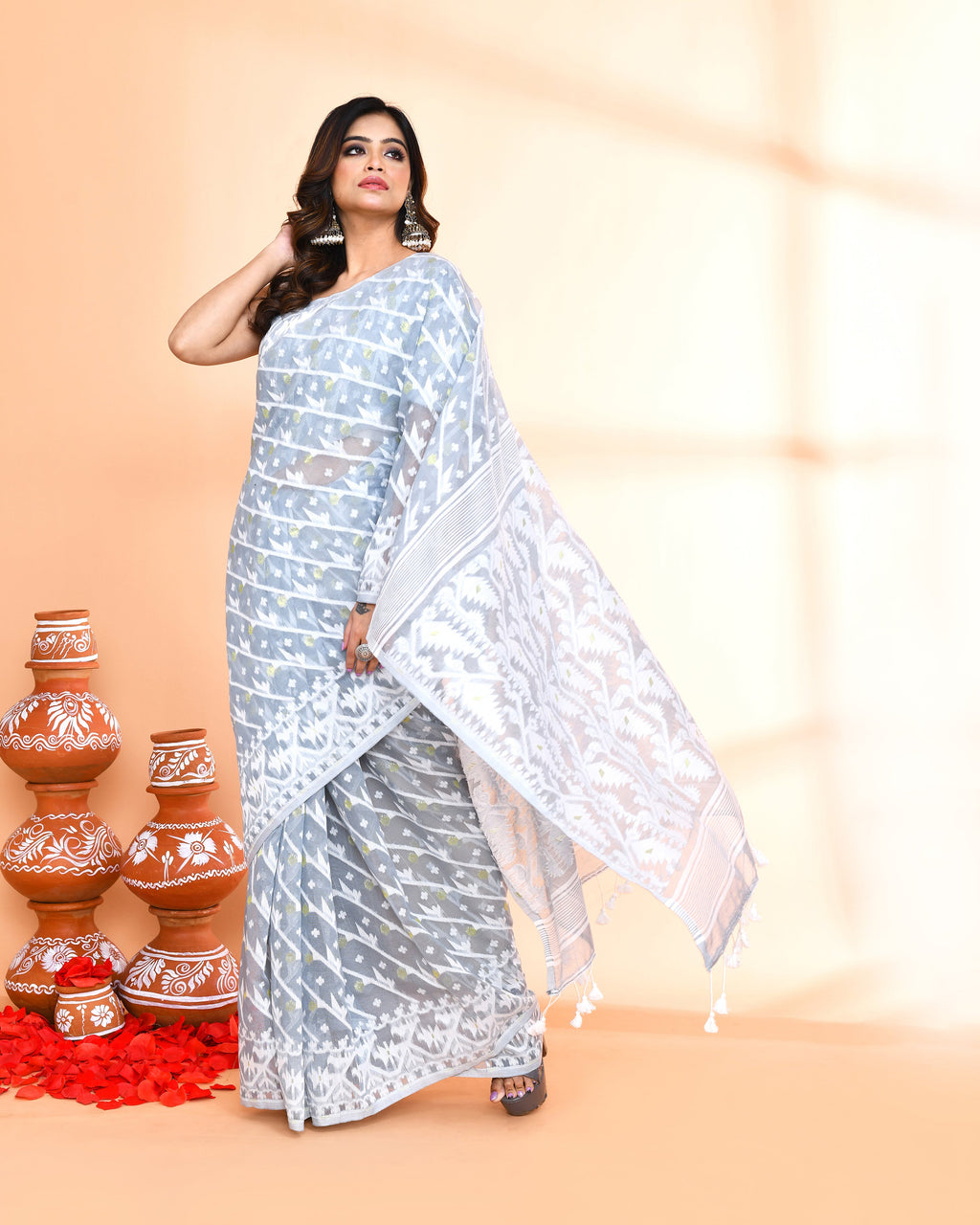 Piyari Fashion Women's Pebble Grey Cotton Silk Jamdani Saree | Grocsy