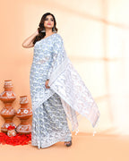 Piyari Fashion Women's Pebble Grey Cotton Silk Jamdani Saree | Grocsy