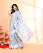 Piyari Fashion Women's Pebble Grey Cotton Silk Jamdani Saree | Grocsy