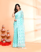 Piyari Fashion Women's Light Turquoise Cotton Silk Jamdani Saree | Grocsy