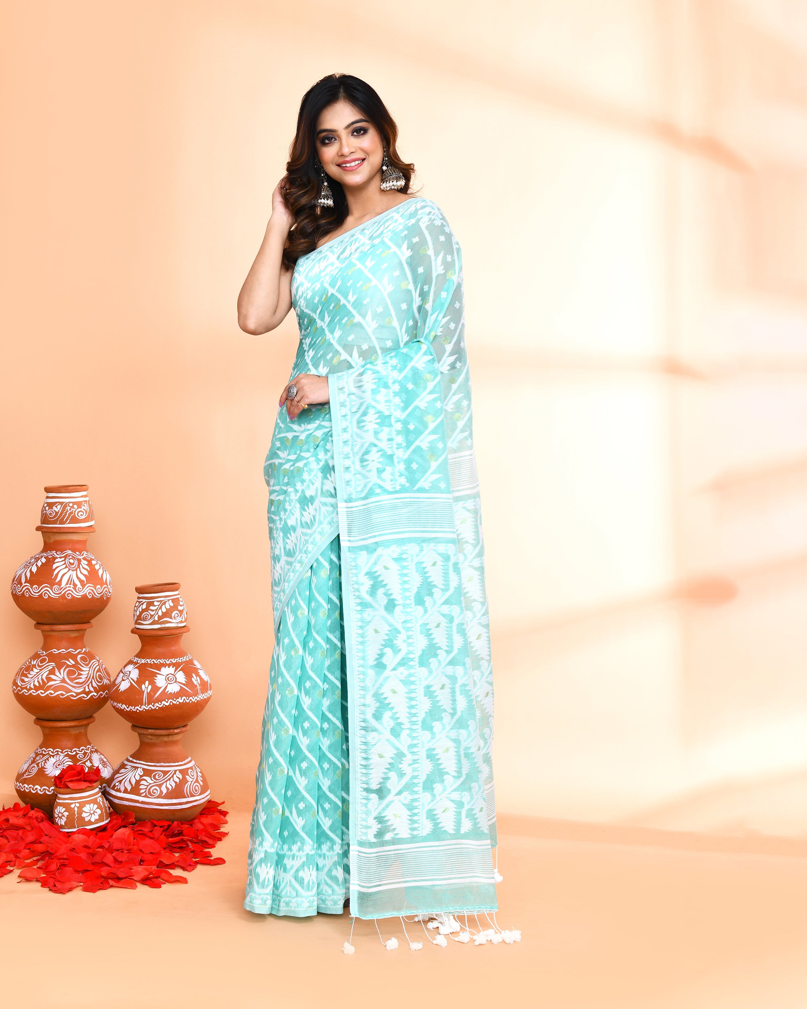 Piyari Fashion Women's Light Turquoise Cotton Silk Jamdani Saree | Grocsy