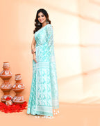 Piyari Fashion Women's Light Turquoise Cotton Silk Jamdani Saree | Grocsy