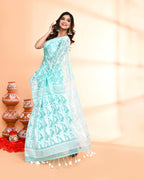 Piyari Fashion Women's Light Turquoise Cotton Silk Jamdani Saree | Grocsy