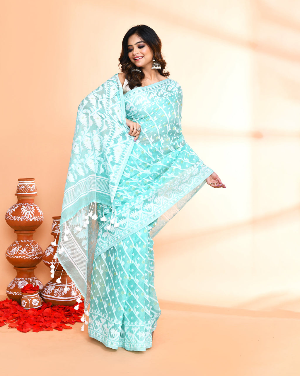 Piyari Fashion Women's Light Turquoise Cotton Silk Jamdani Saree | Grocsy